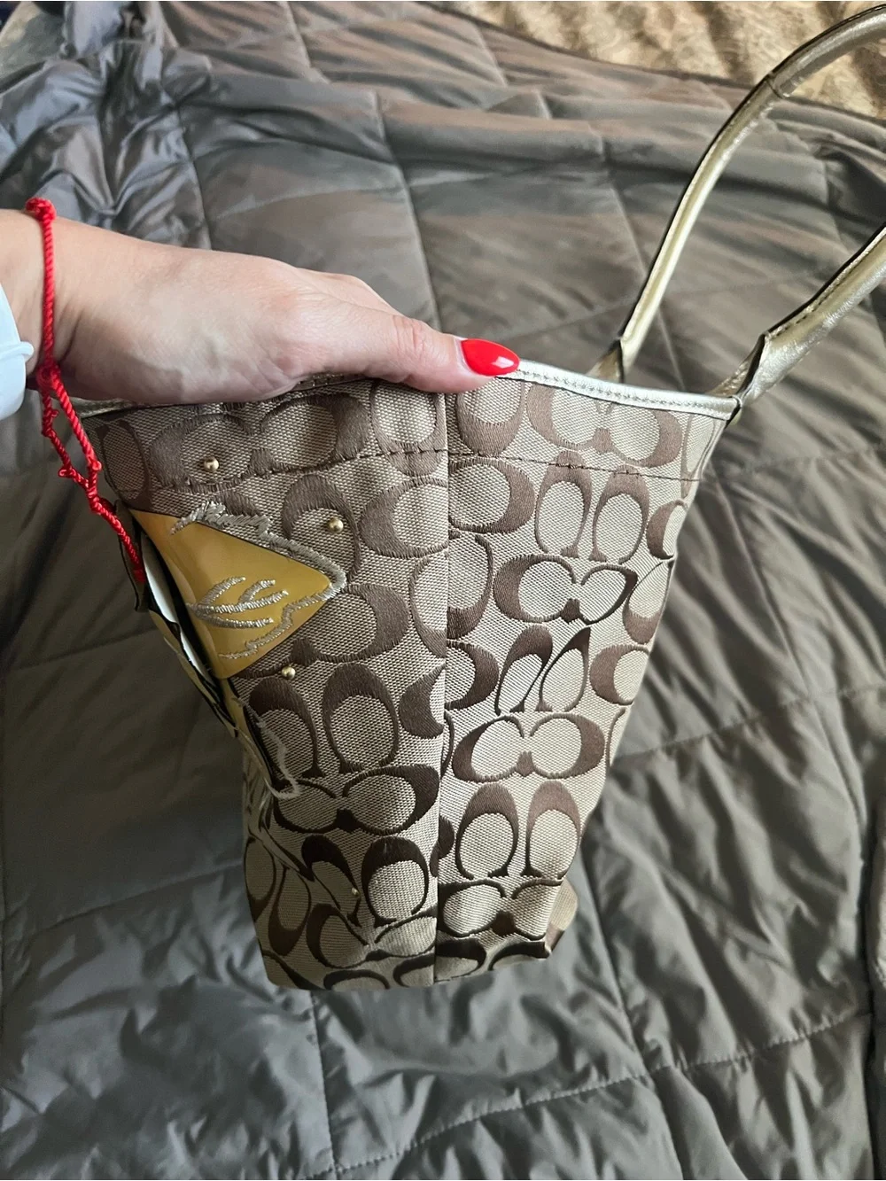 Coach Beige Signature Tote with Yellow Floral Appliqués